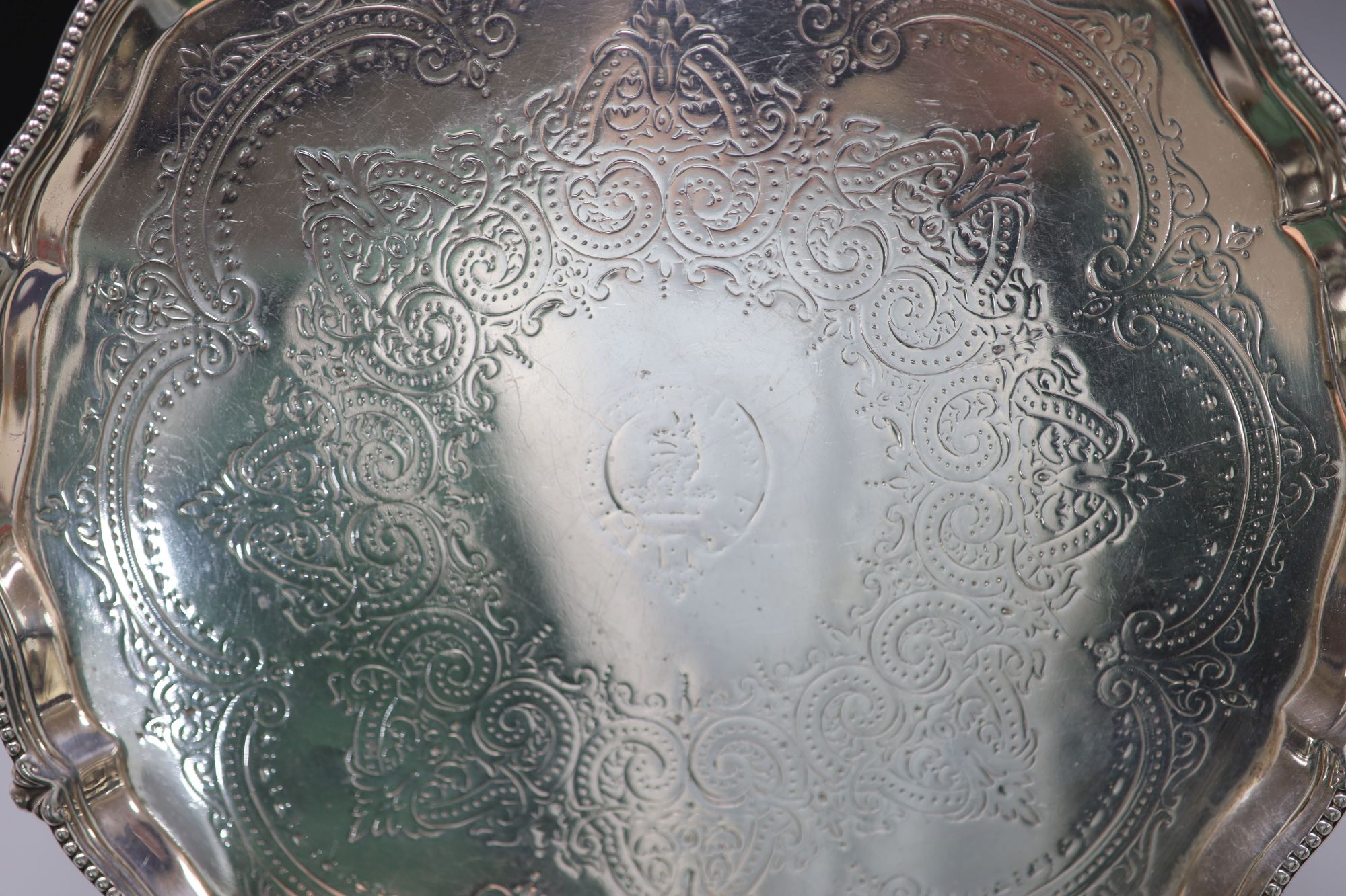 A Victorian engraved silver salver, Thomas Bradbury & Sons, London, 1865, 25.7cm, 16oz.